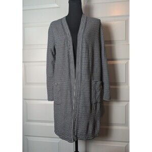 J Jill Duster Cardigan Size M Open Front Long Striped Pockets Preppy Coastal